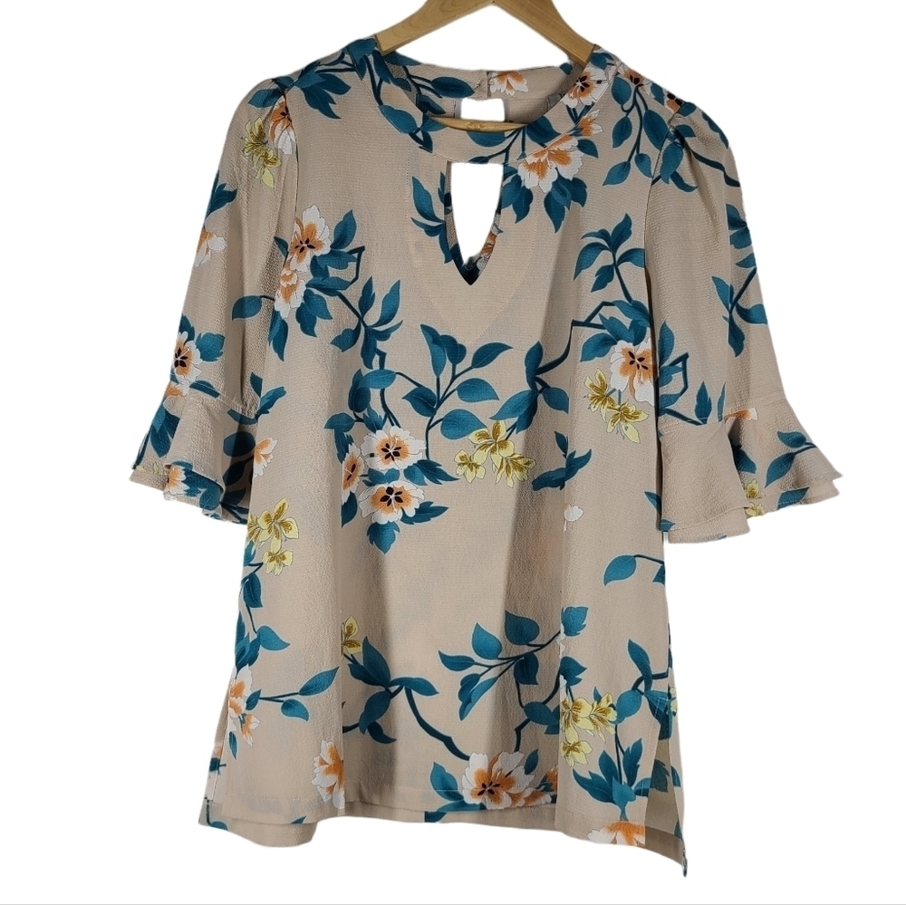 NEW Jodifl Floral print top with keyhole and three quarter ruffled sleeves Nude